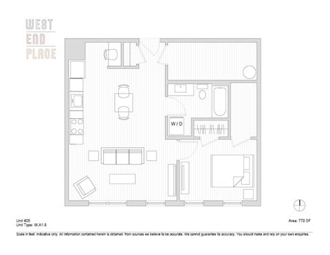 Floor plan for 1 bed, 1 bath, 770 sqft